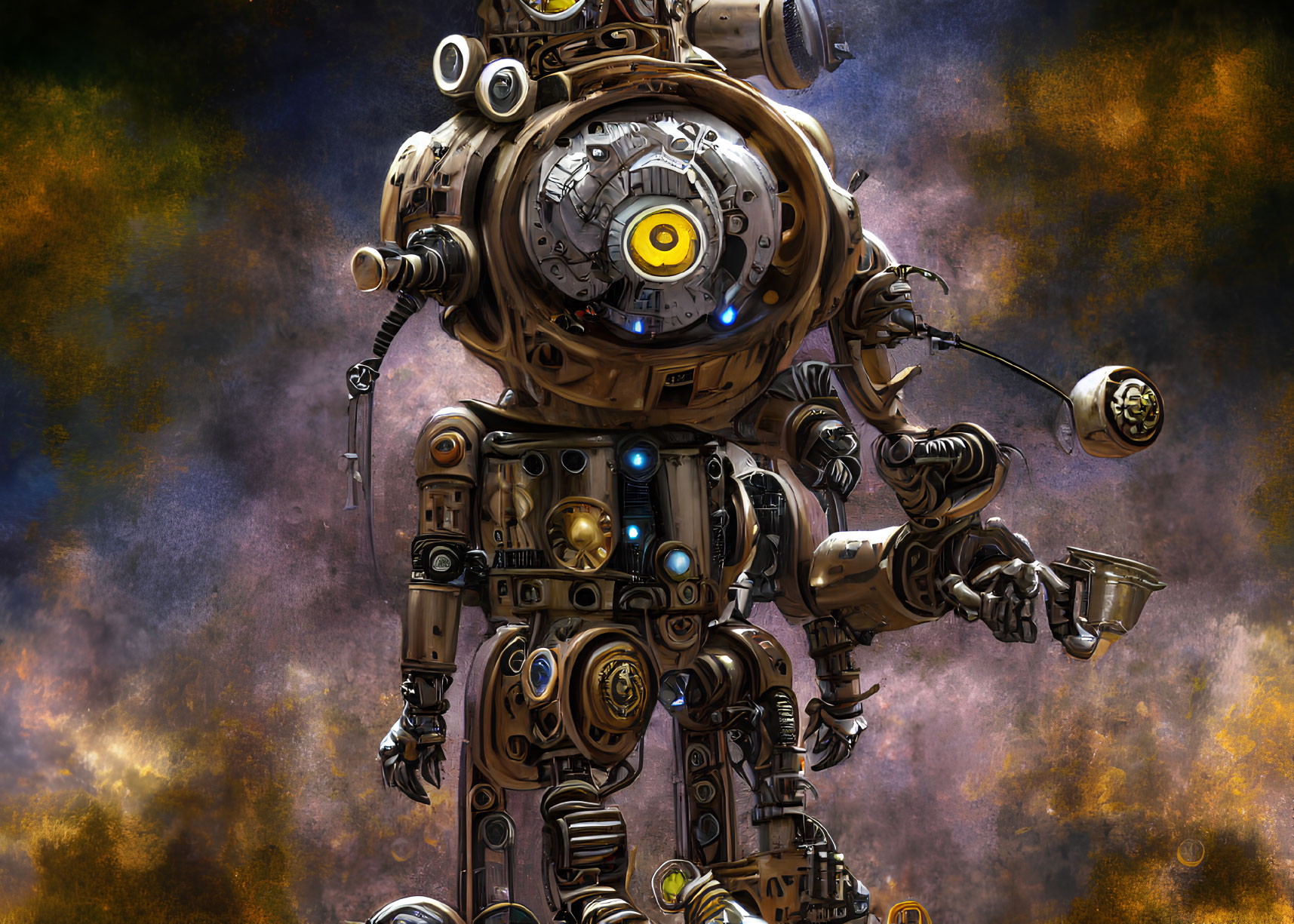 Detailed steampunk-style robot with glowing eye, mechanical body, holding cup, against celestial backdrop