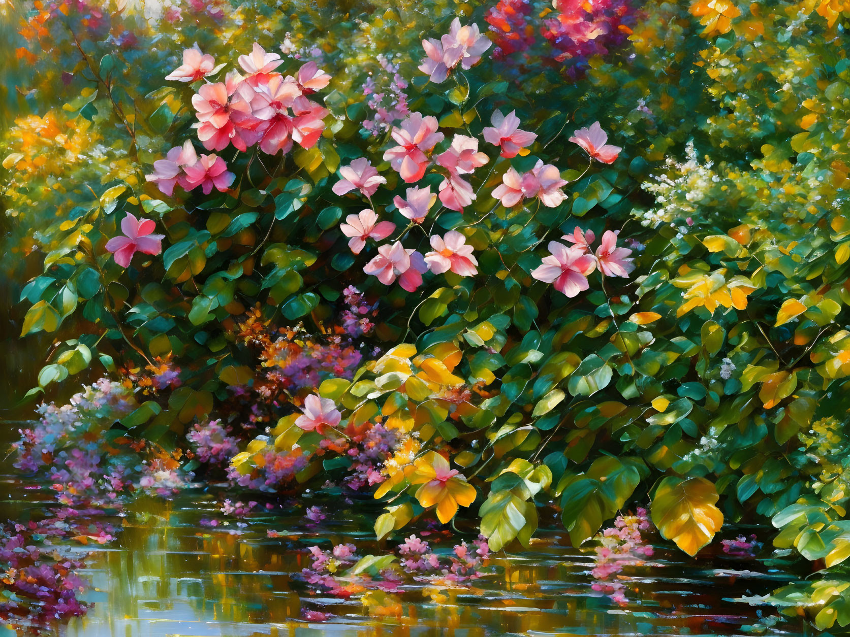 Colorful garden scene with flowers and foliage reflected in water