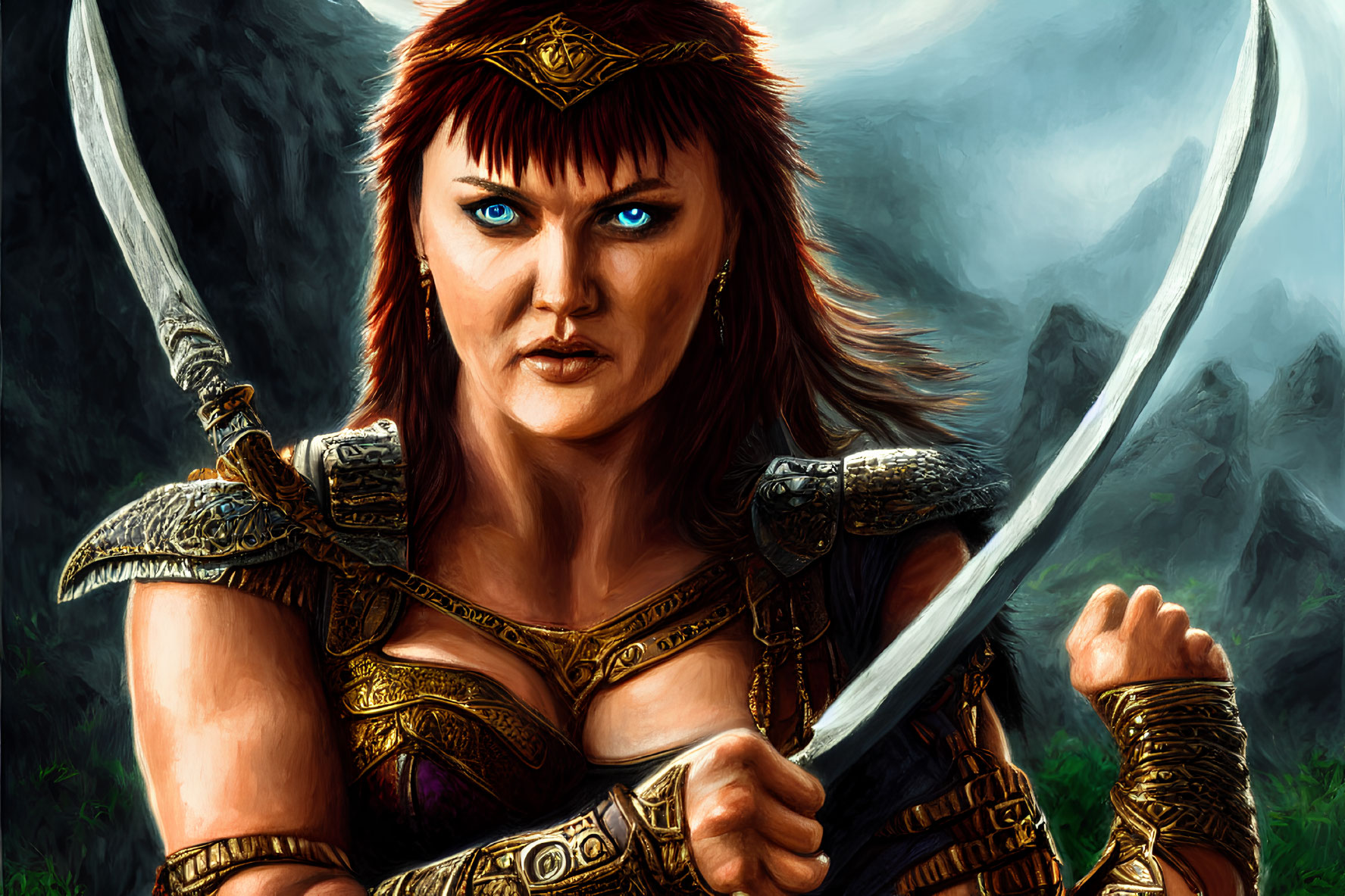 Warrior woman with blue eyes and red hair dual-wielding swords against mountainous background