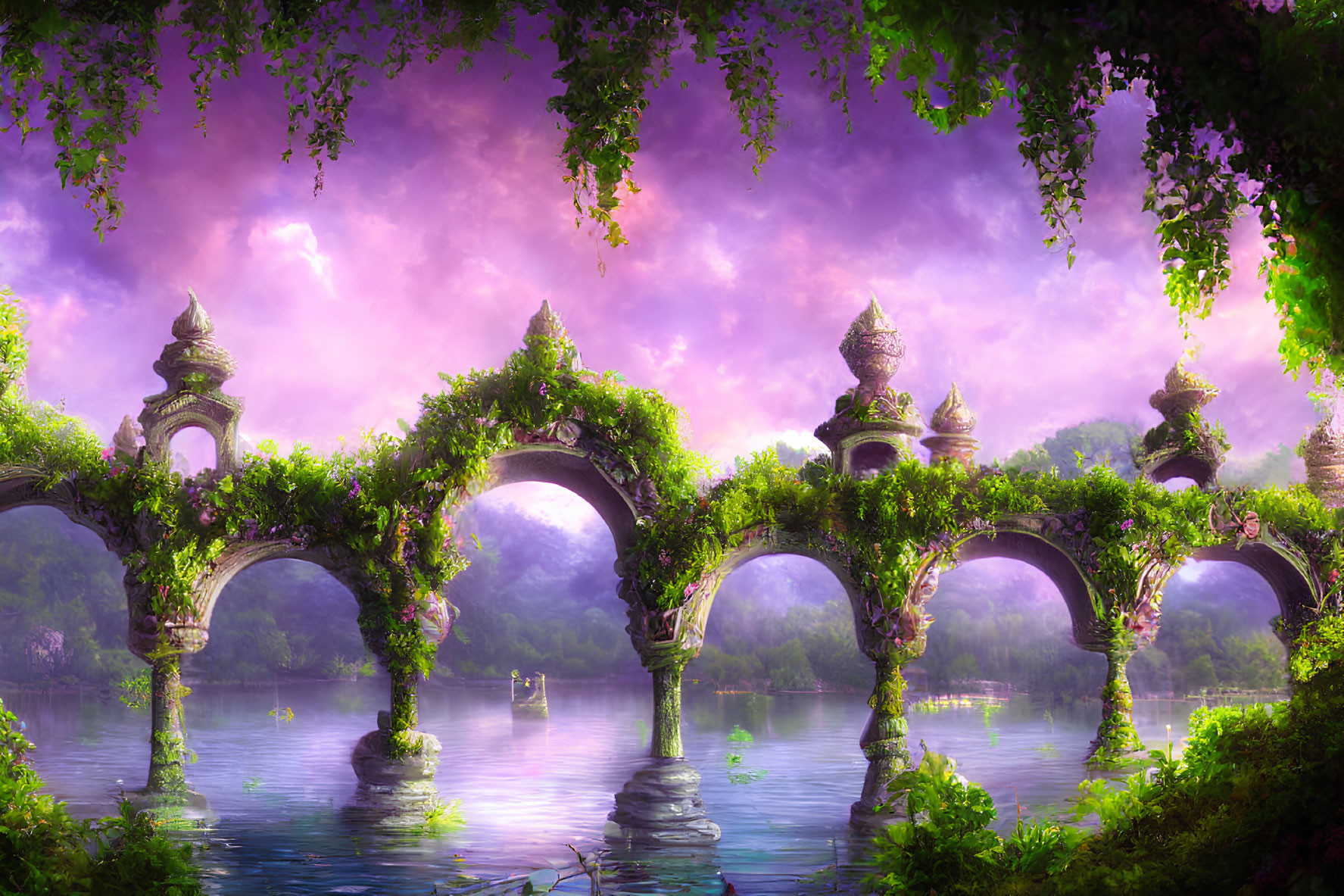 Ornate stone bridge over tranquil lake in fantastical landscape