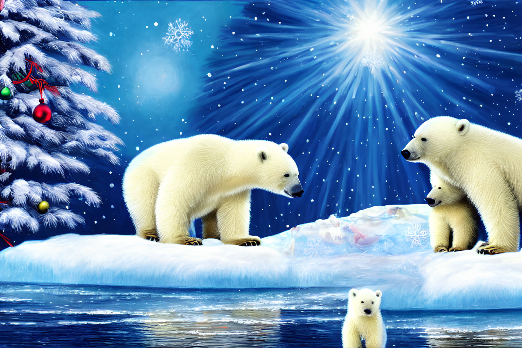 Polar Bears on Ice Floes with Christmas Tree and Starry Night Sky