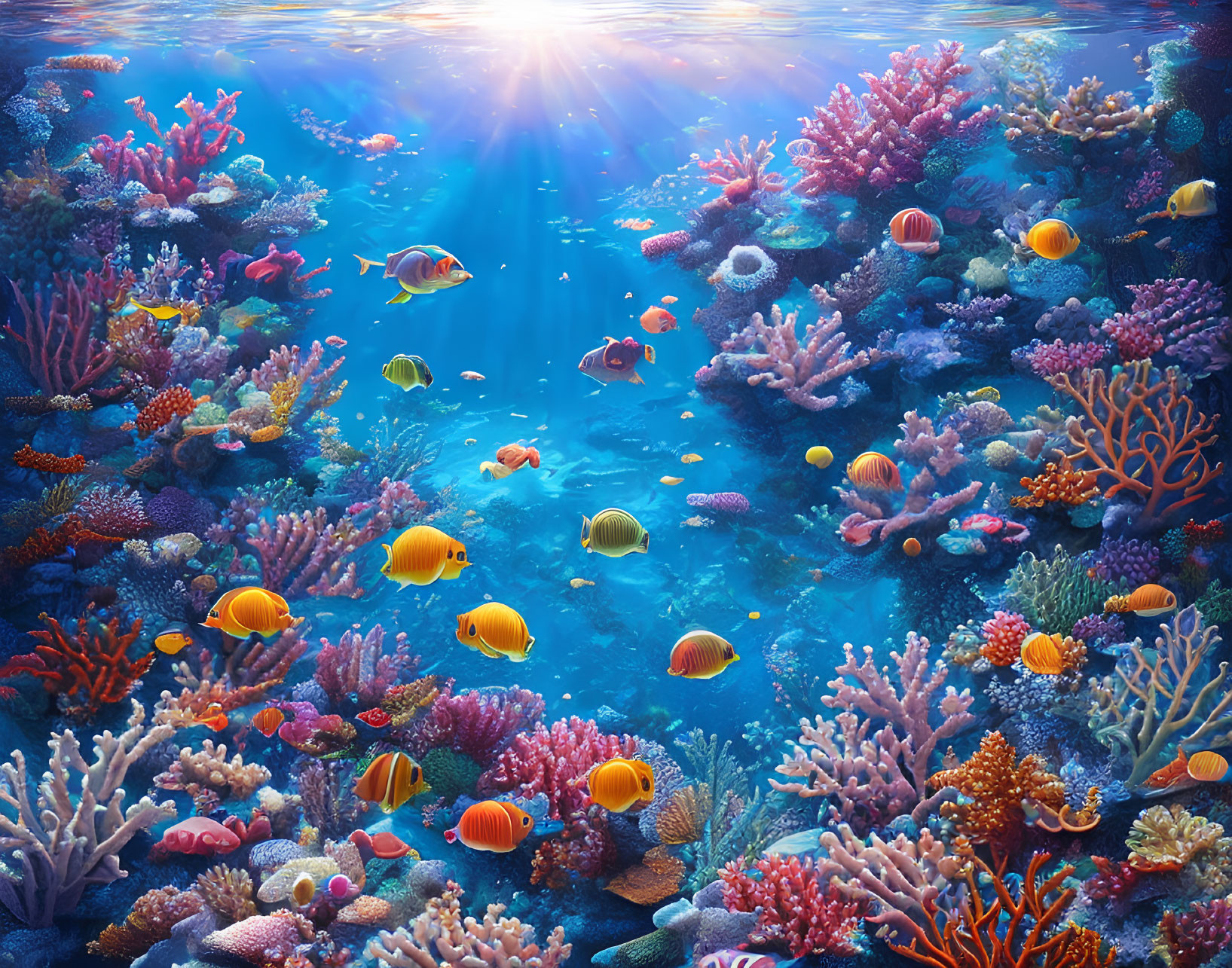 Colorful Fish and Coral in Sunlit Underwater Scene