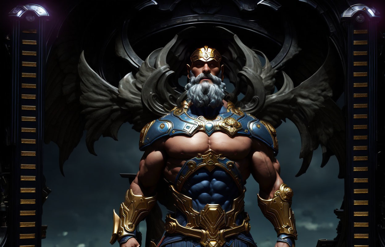 Majestic warrior in winged helmet and golden-blue armor by elaborate throne