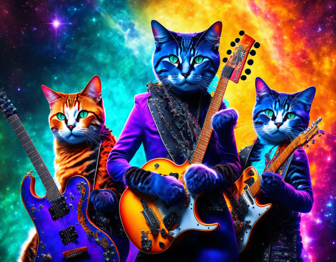 Animated Cats in Vibrant Outfits Playing Guitars