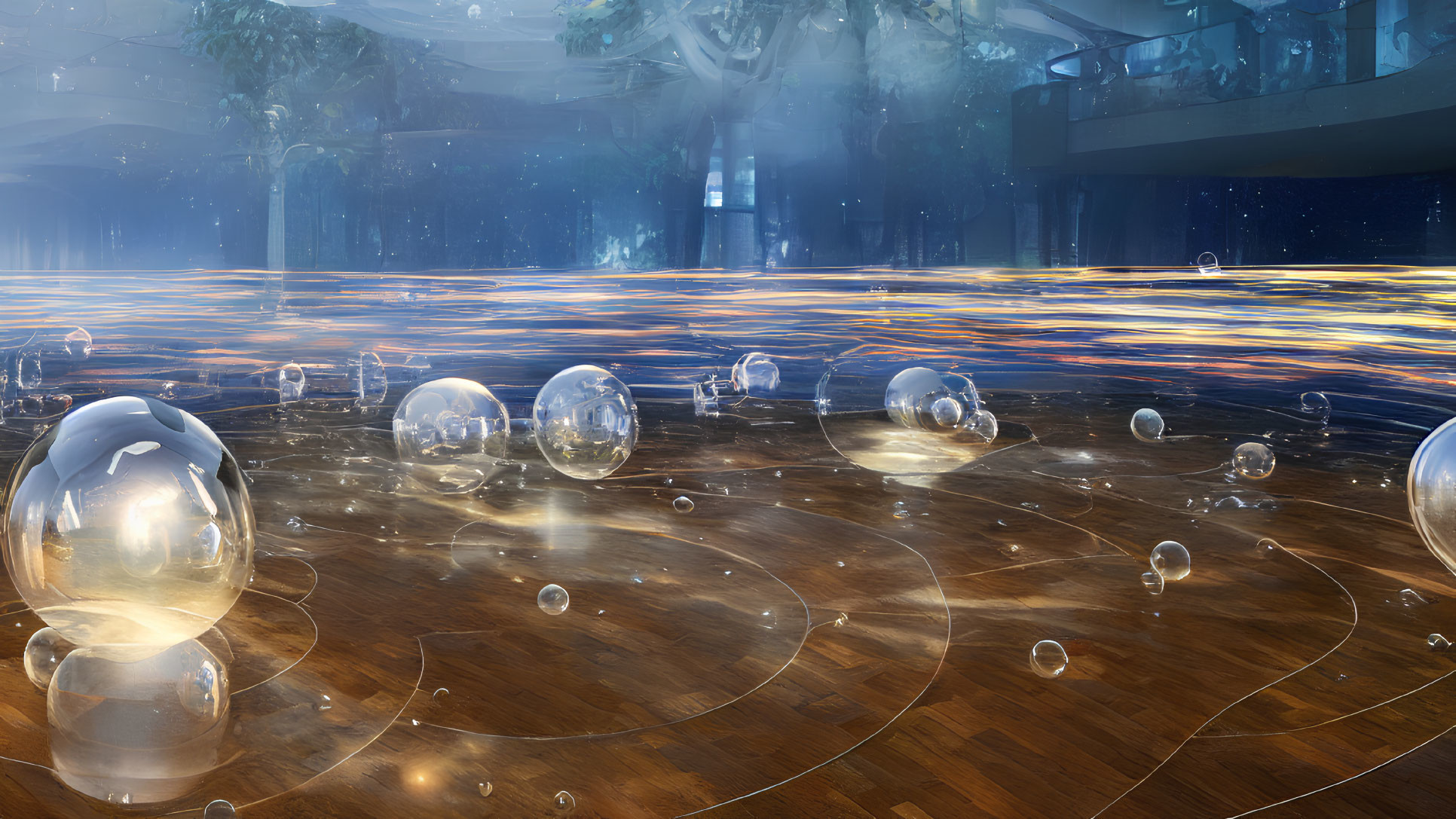 Translucent Spheres on Wooden Floor with Glowing Light Trails