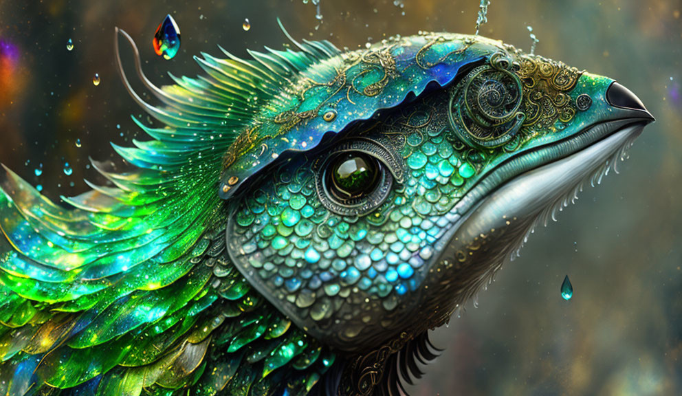 Colorful digital artwork of fantastical fish with jewel-like scales and intricate patterns on sparkly backdrop.