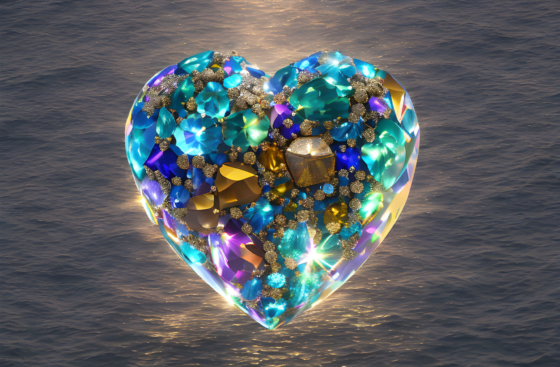 Heart-Shaped Gem Collection Above Glimmering Water