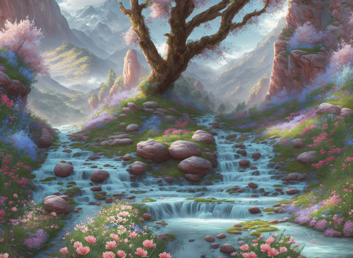 Tranquil fantasy landscape with stream, blooming flowers, lush greenery, majestic tree