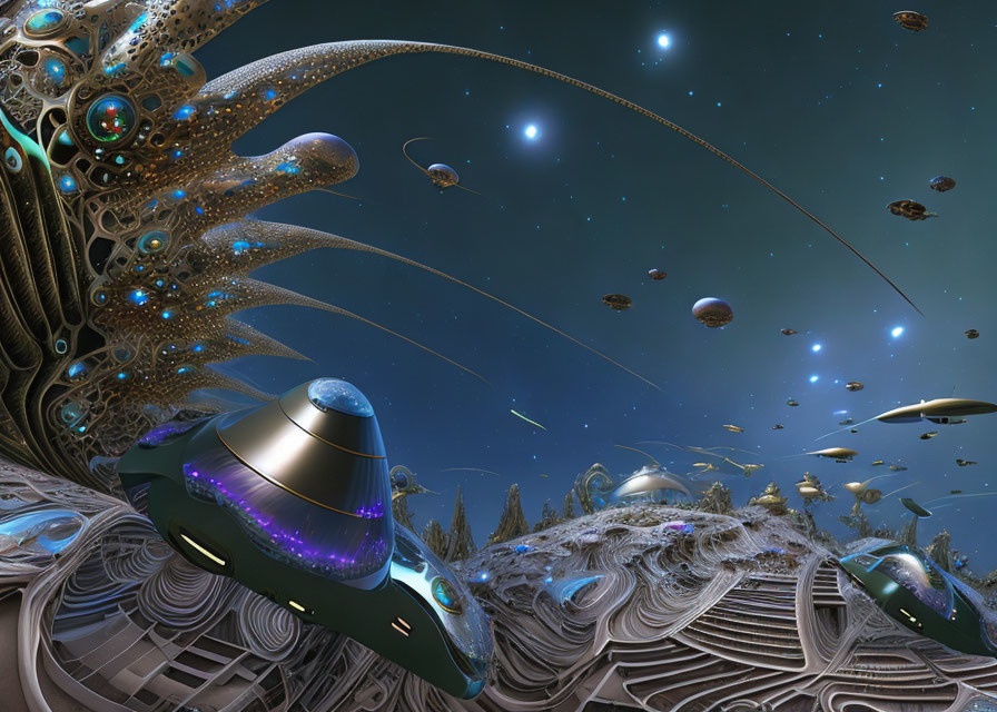 Fractal-inspired cosmic scene with UFO-like crafts and celestial bodies