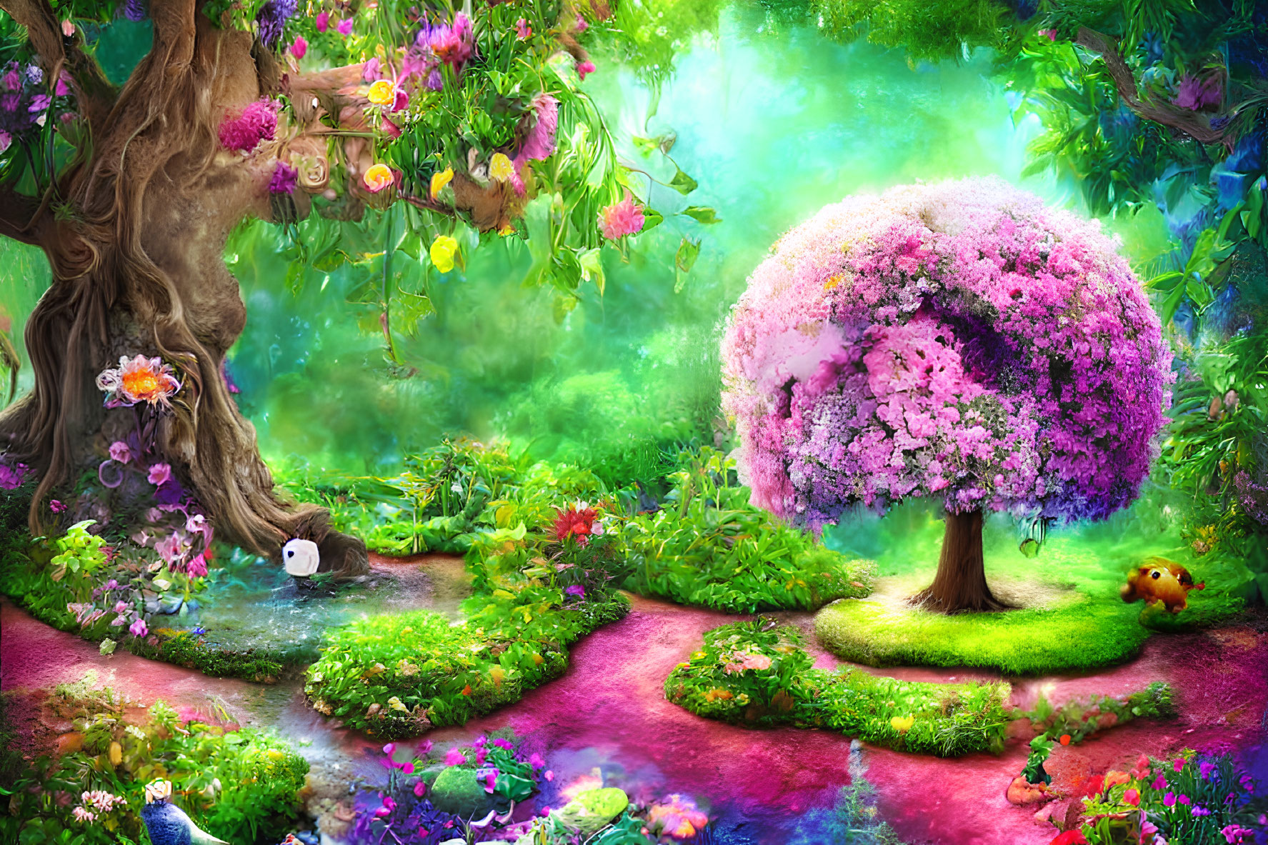 Lush pink tree in vibrant whimsical garden with rabbit and duckling