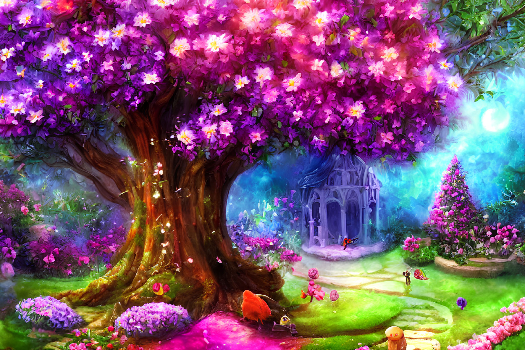 Colorful fantasy garden with blooming tree, gazebo, flowers, and creatures under luminescent