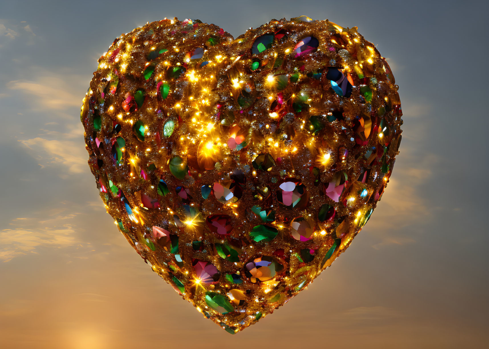 Heart-shaped object with multicolored gemstones under sunset sky