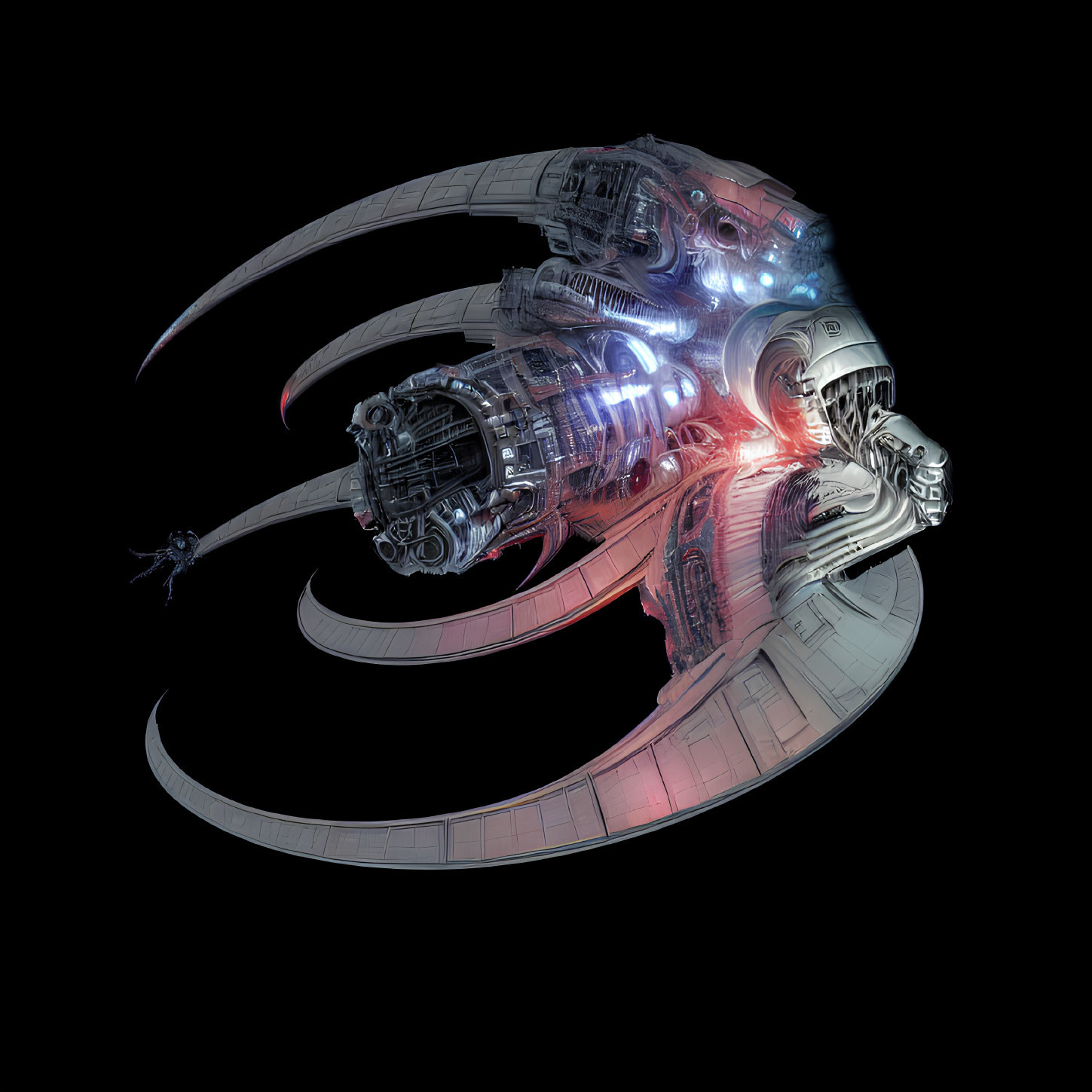 Futuristic spaceship digital artwork with curved structures and glowing lights