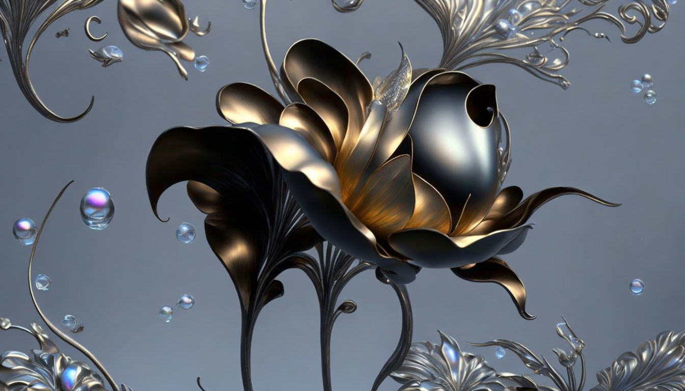 Metallic Flower Design with Intricate Petals and Vines