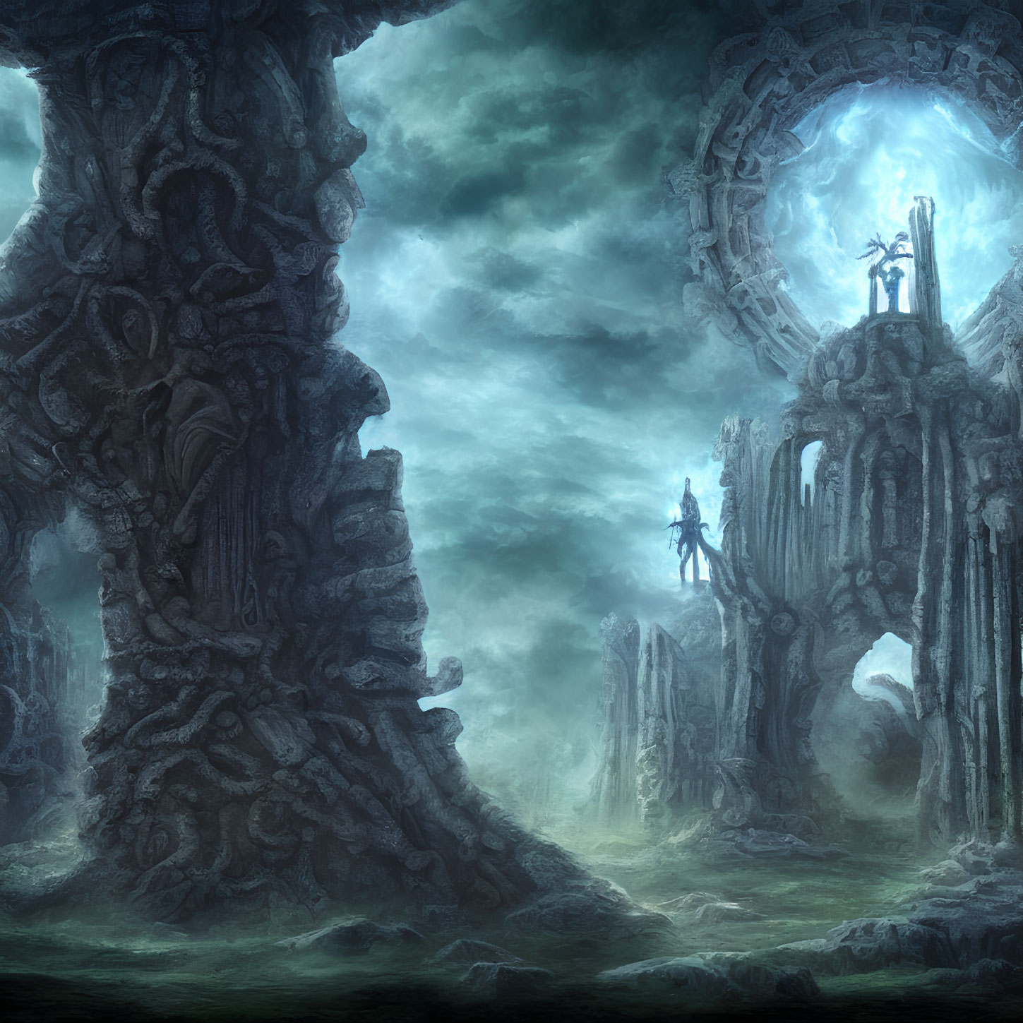 Mystical fantasy landscape with ruins, glowing orb, cloaked figure, and stormy sky