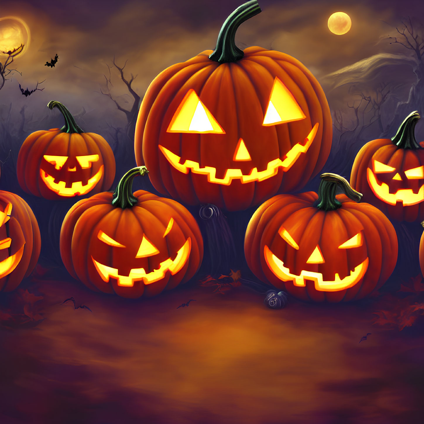 Glowing Jack-o'-lanterns with Full Moon and Bats on Spooky Night