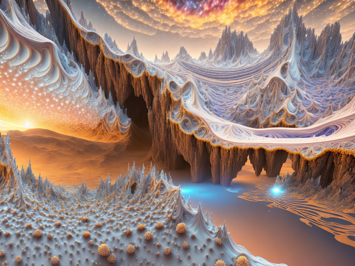 Fractal mountains and warm glow in surreal landscape