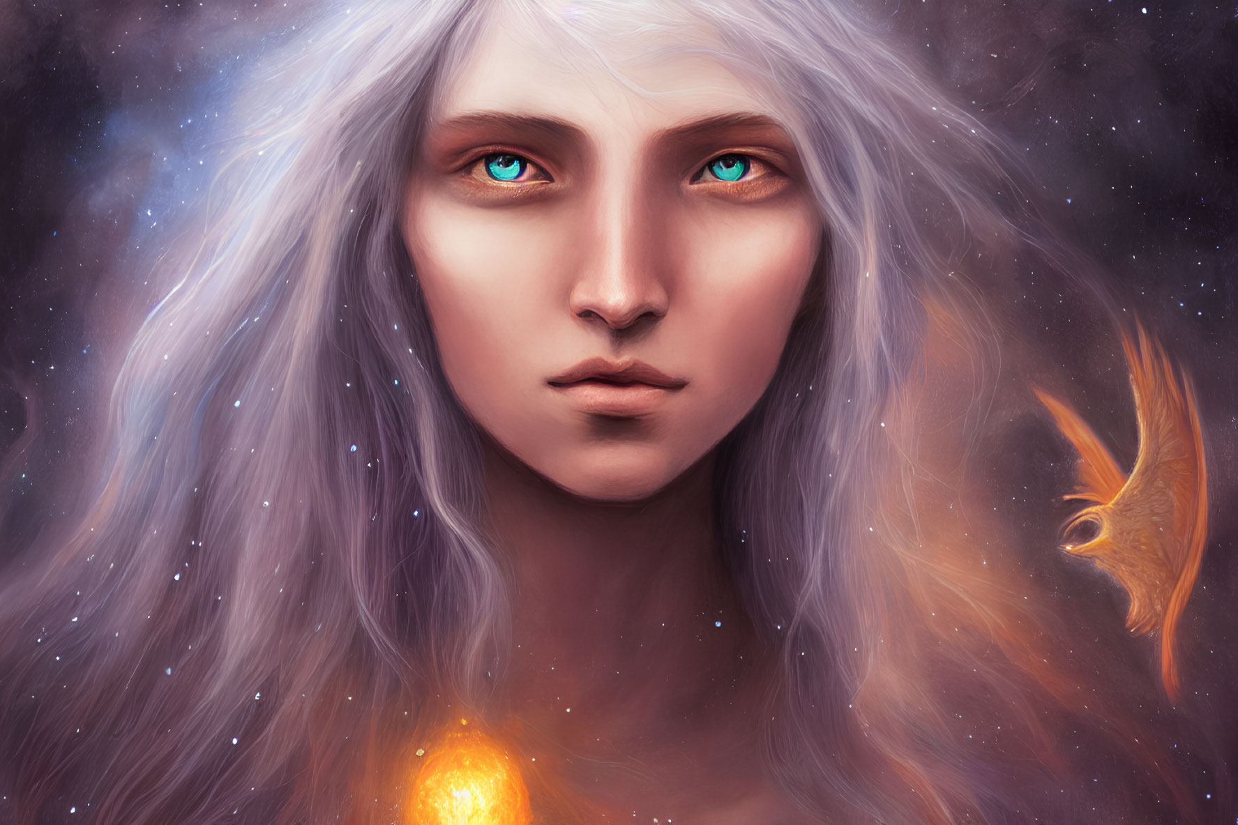 Portrait of person with pale skin, blue eyes, silver hair, cosmic backdrop, golden creature.