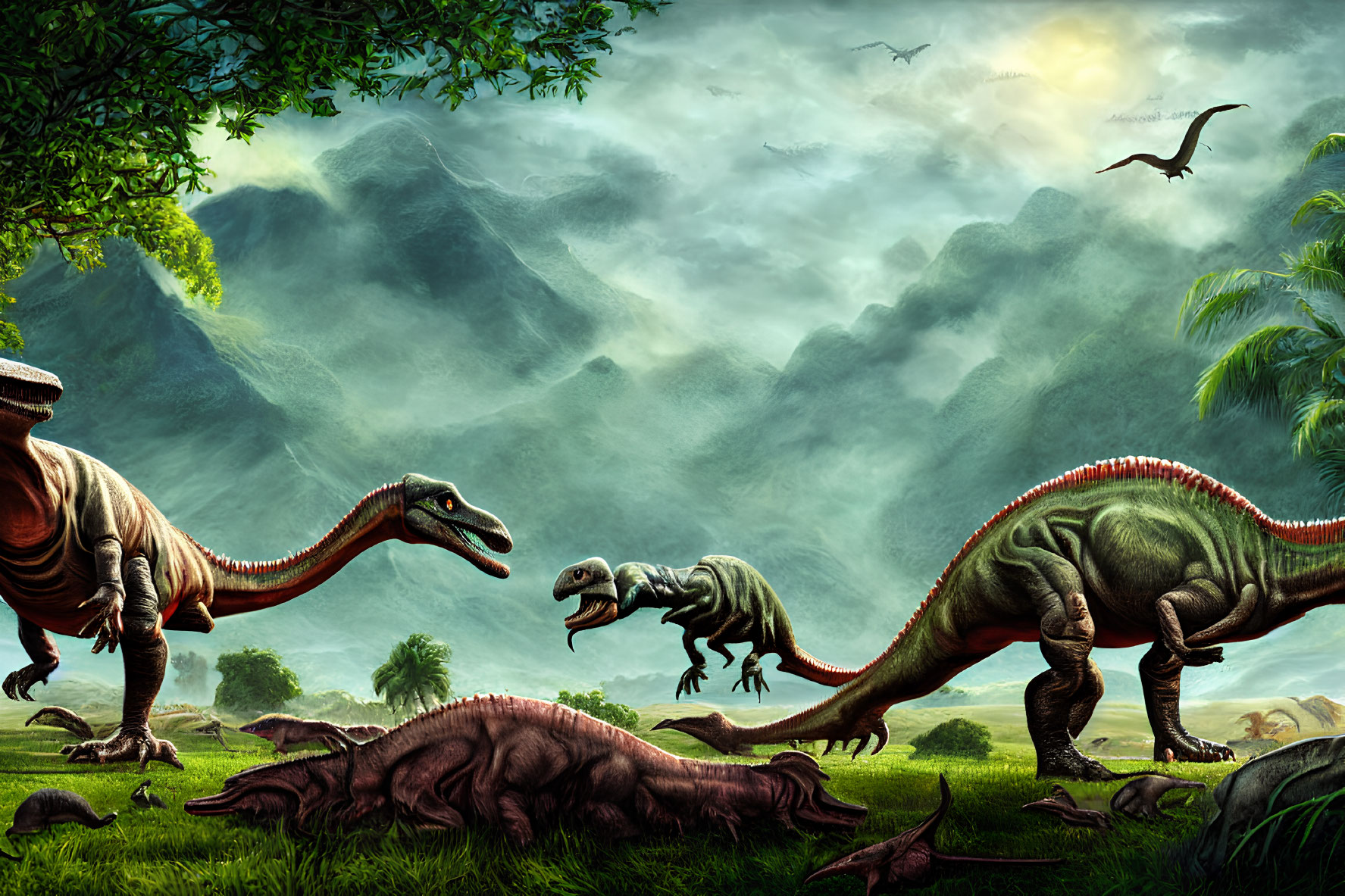 Prehistoric landscape with sauropod, tyrannosaur, lush vegetation