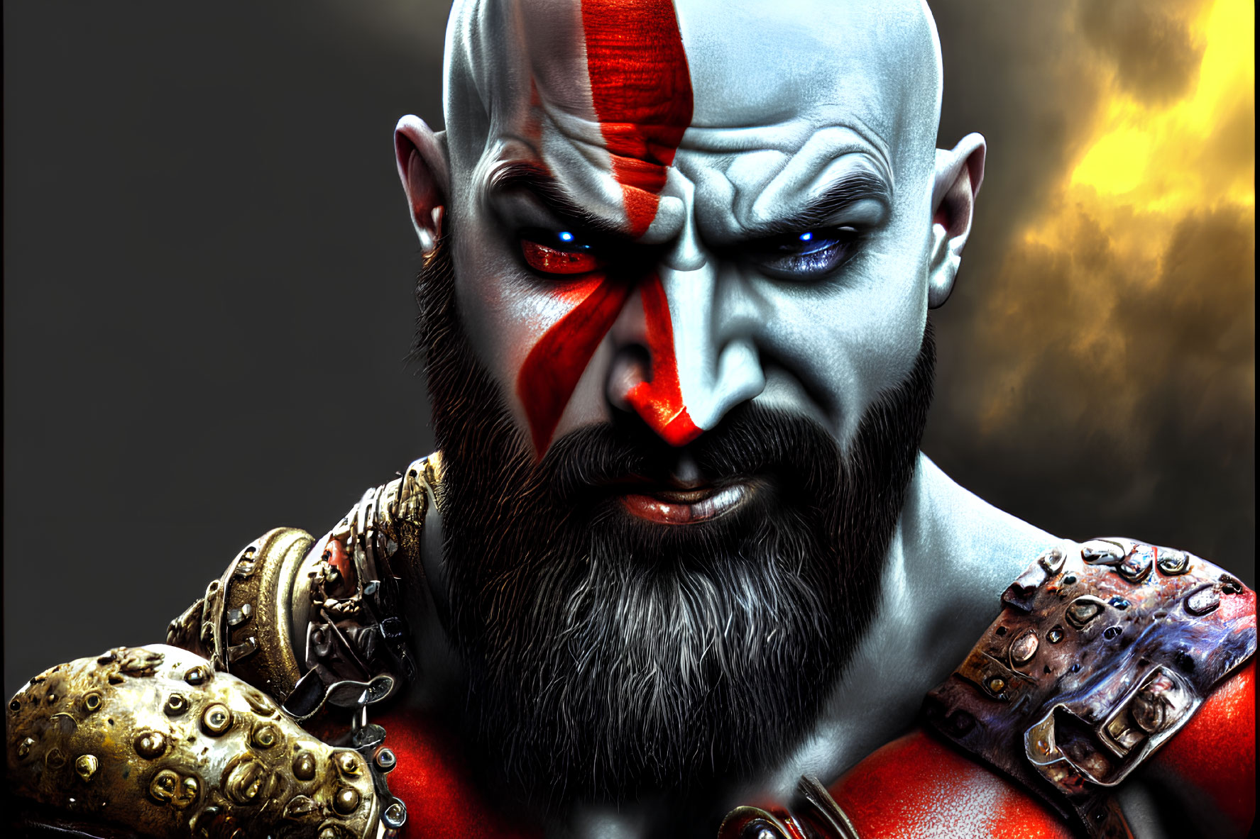 Detailed digital artwork: stern, bearded man in ancient warrior attire with red face paint.