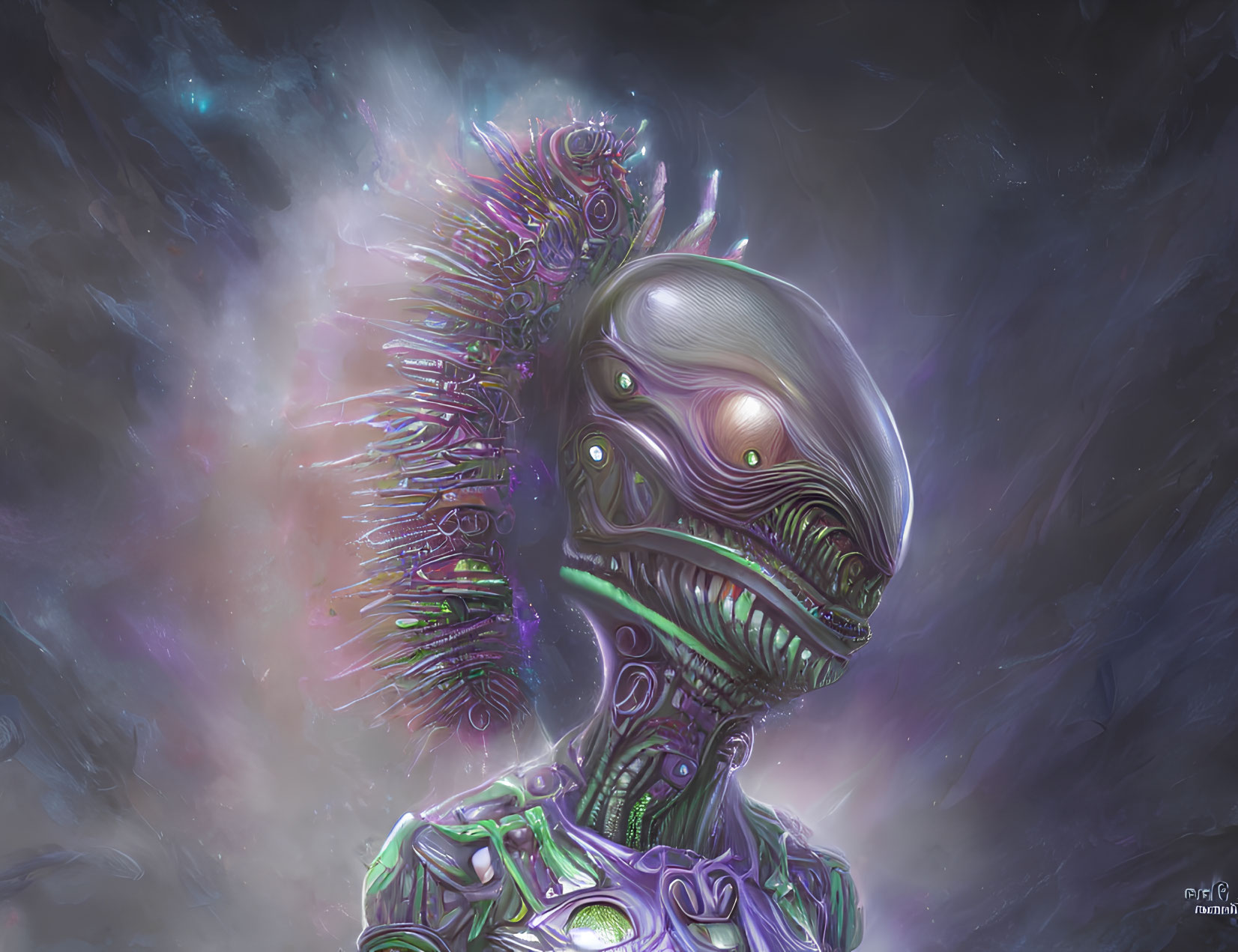 Cybernetic alien with glowing armor in cosmic setting