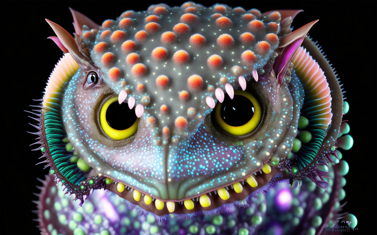 Colorful whimsical creature with yellow eyes and sharp teeth on dark background