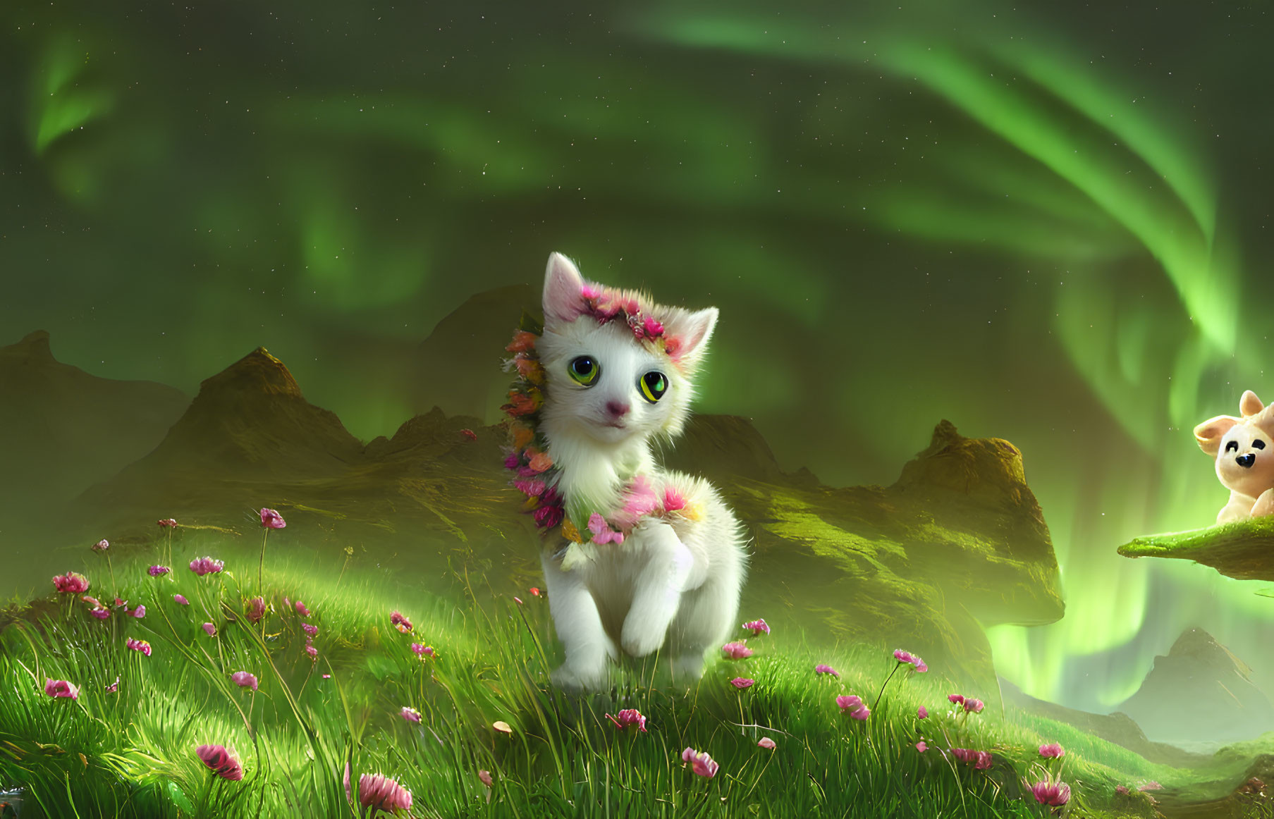 White Kitten with Pink Flowers and Hamster in Fantasy Landscape