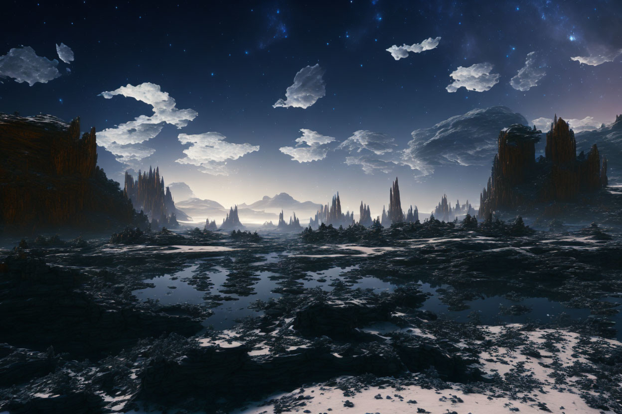 Starry Night Landscape with Floating Rocks and Mountains