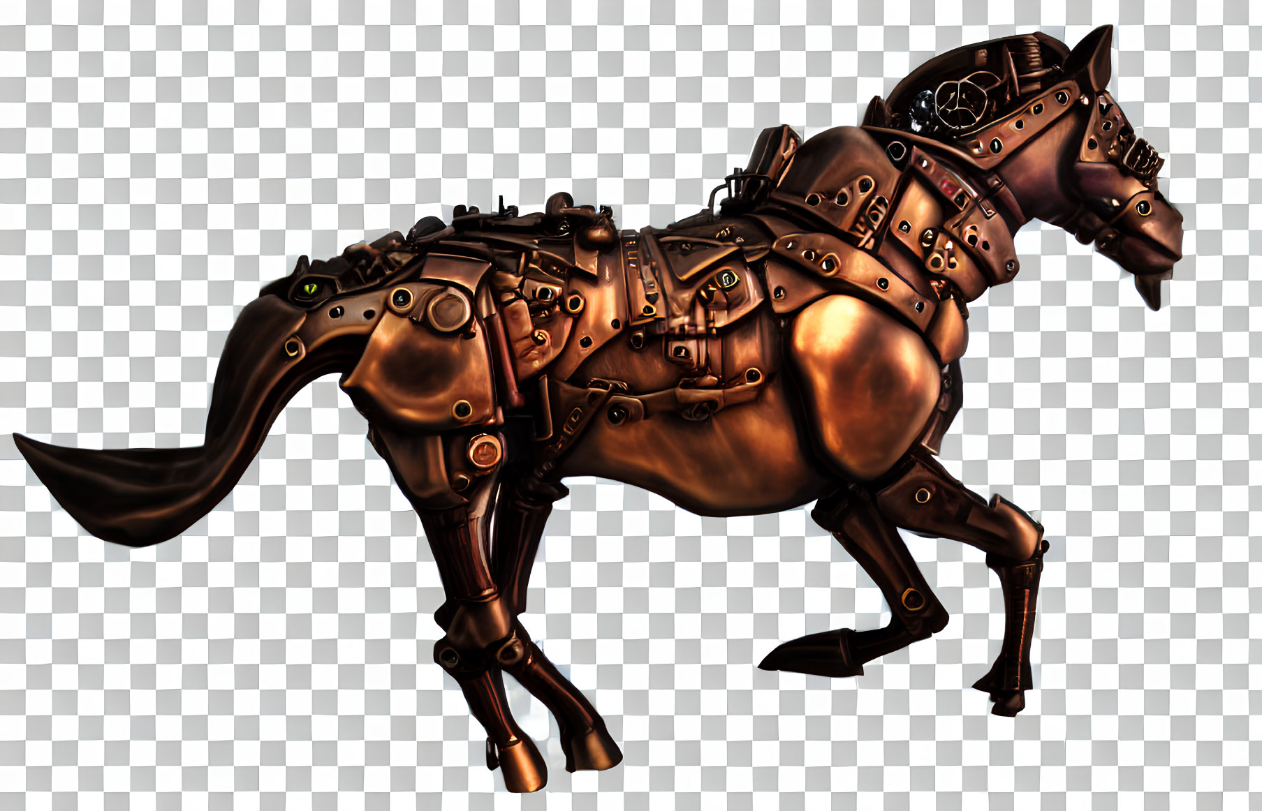 3D-rendered mechanical horse with bronze plating and gears on transparent background