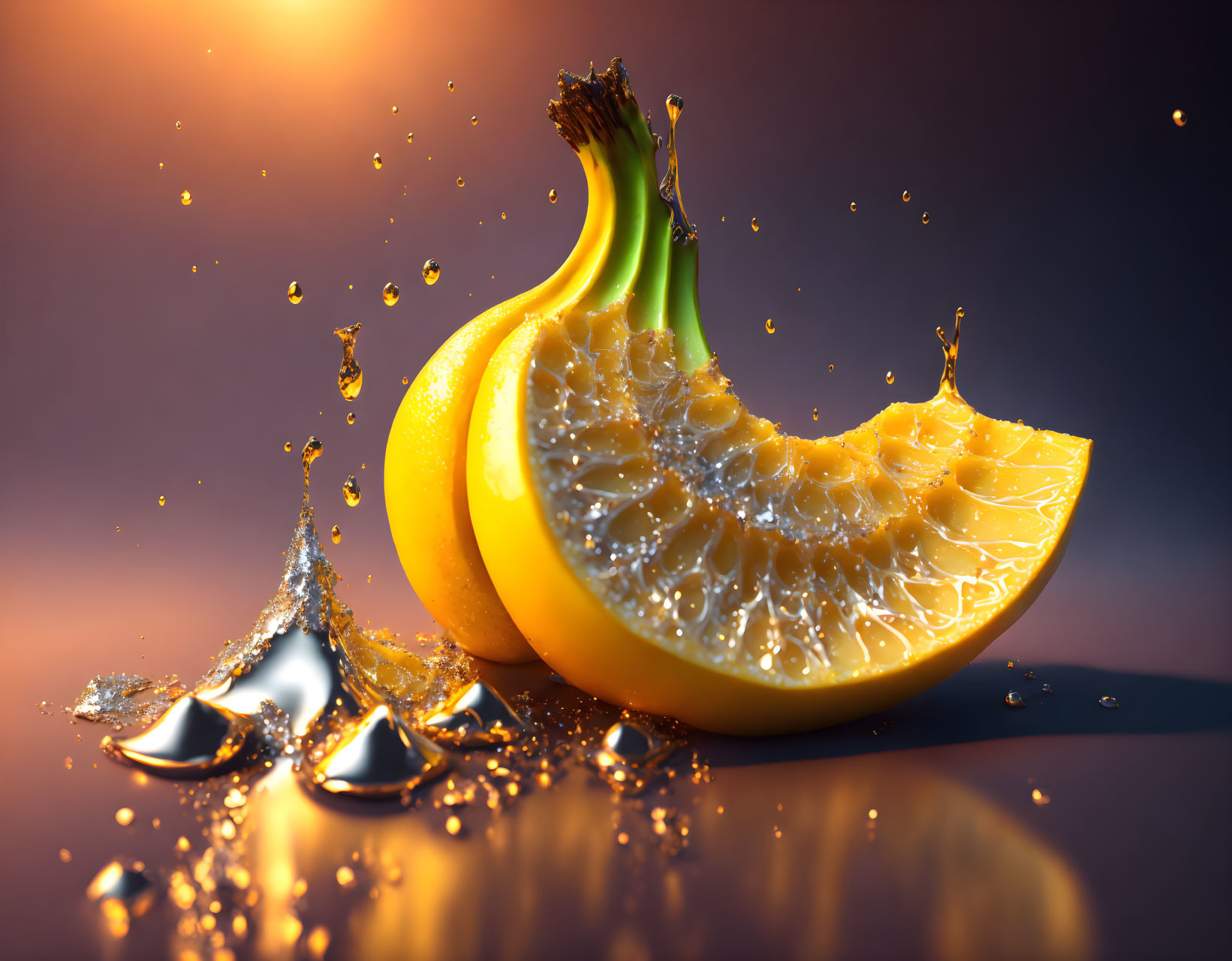 Colorful cross-section of juicy orange with splashing droplets on warm backdrop.