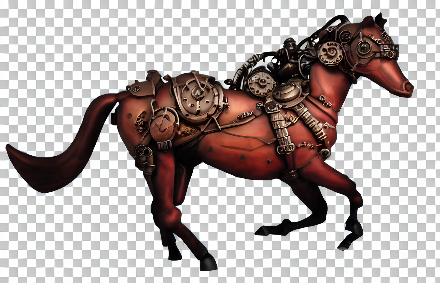 Steampunk-style mechanical horse with gears and copper-toned panels