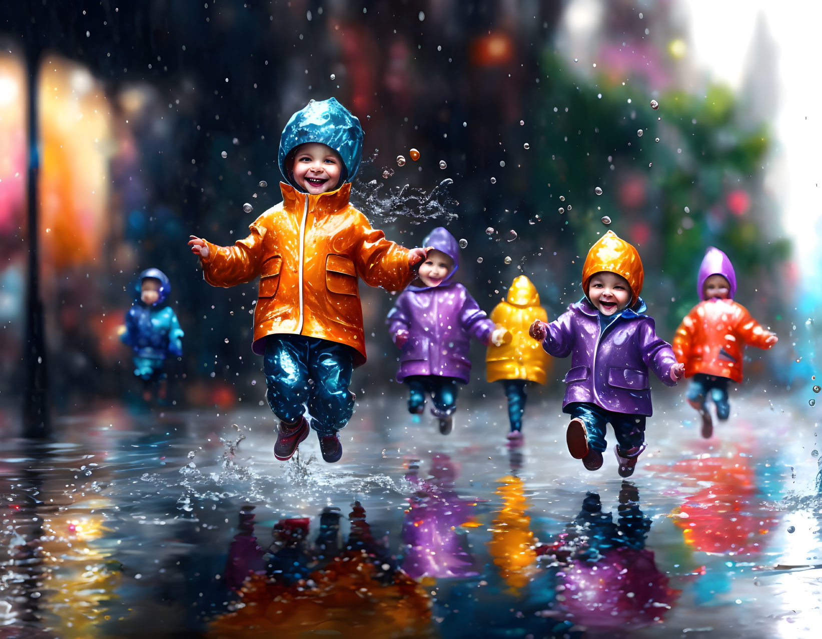 Children in colorful outfits playing in puddles on wet urban street