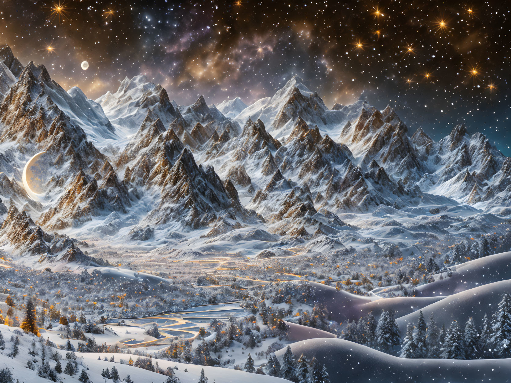 Winter Landscape with Snow-Capped Mountains and Stars