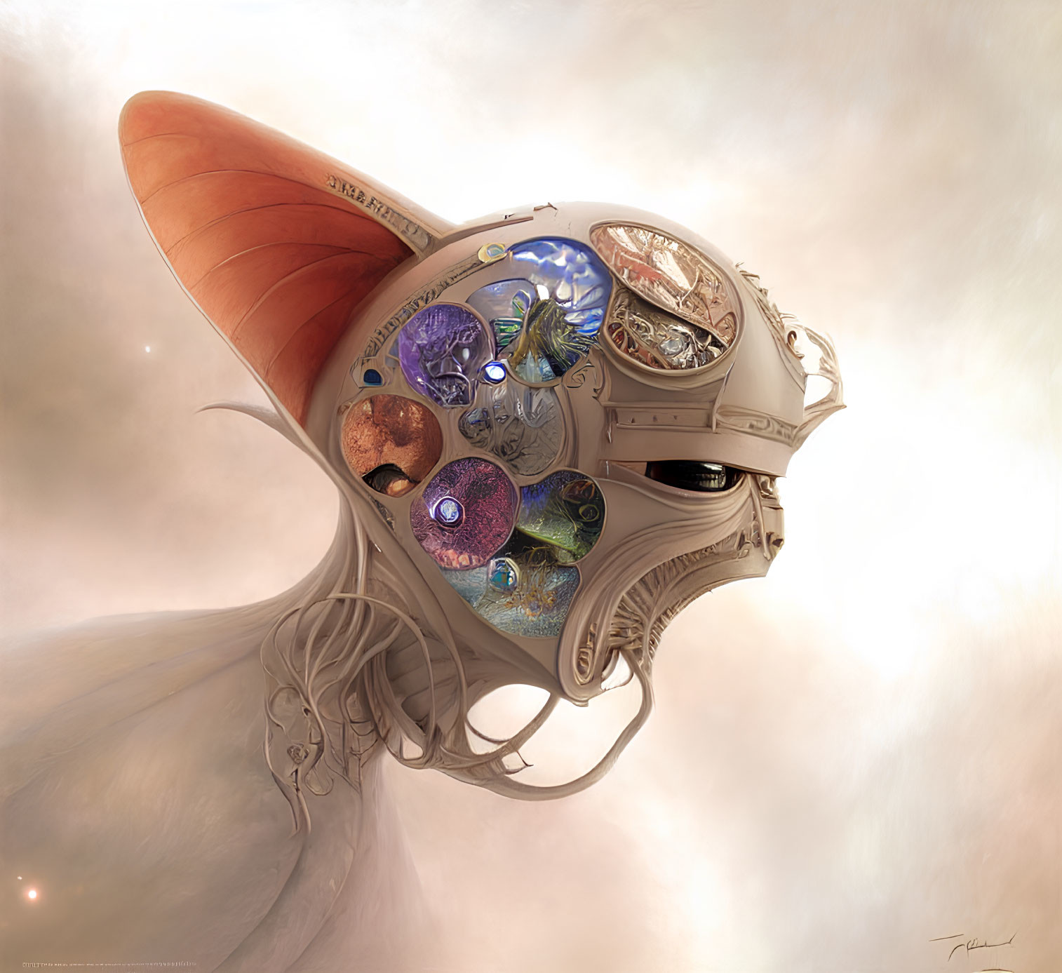 Surreal mechanical head with clockwork elements and cosmic backdrop