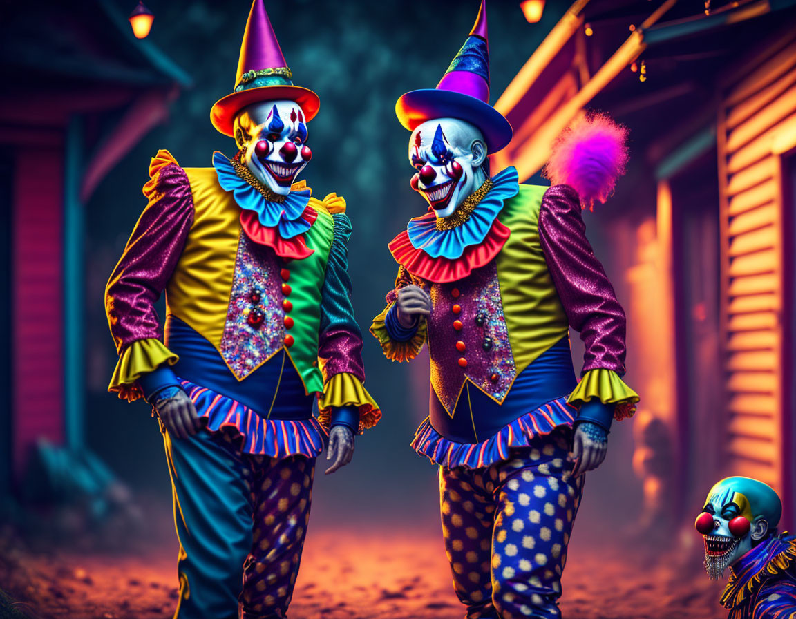 Colorful clowns in vivid costumes and makeup walking at dusk with eerie atmosphere