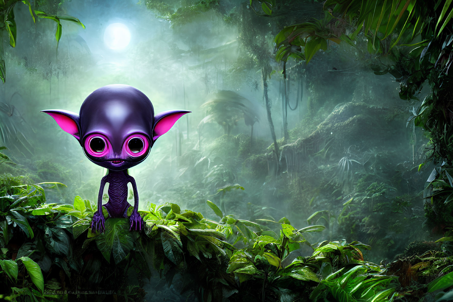 Purple-eyed creature in lush green jungle under moonlight