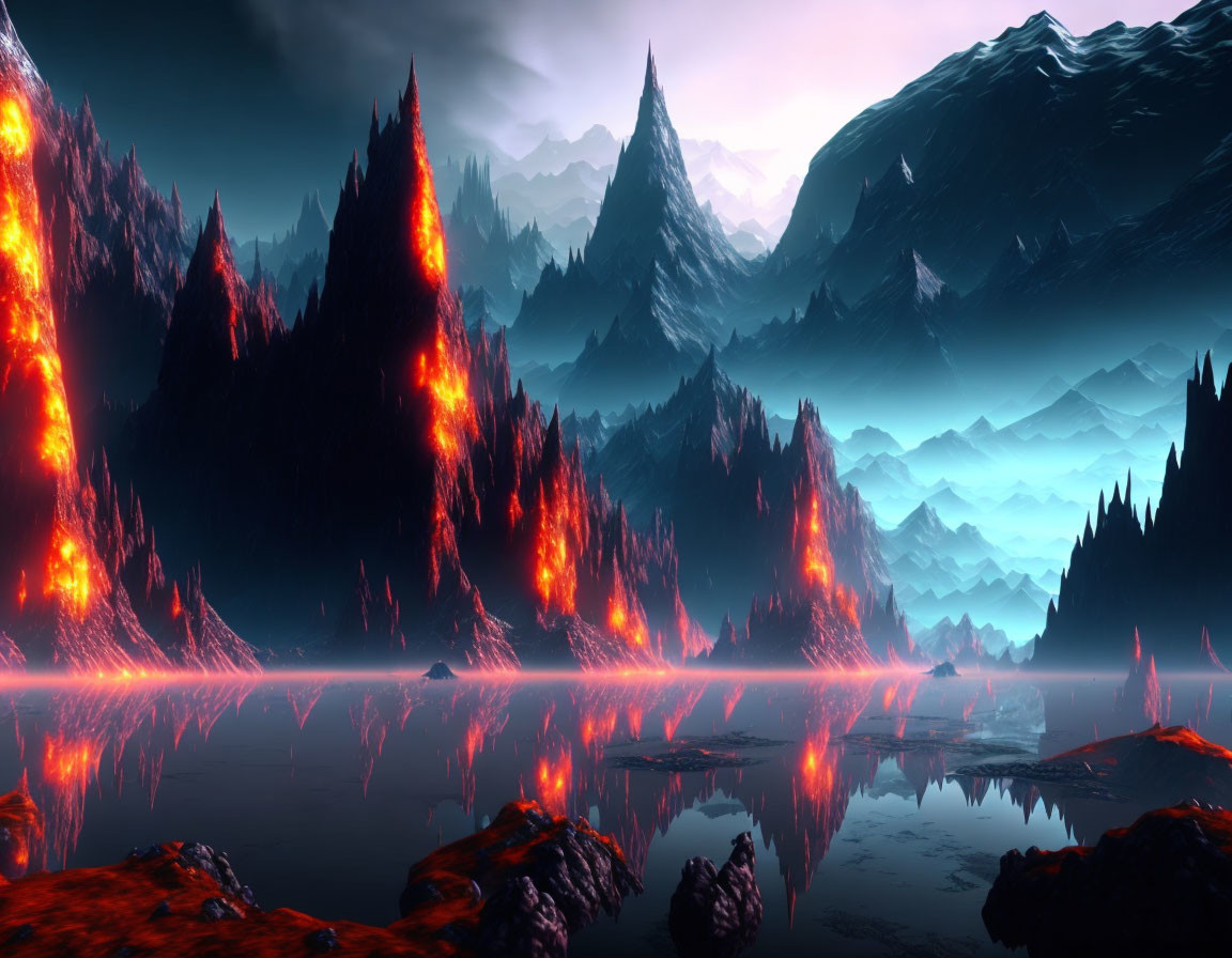 Fantastical landscape with fiery trees, red lake, and blue mountains