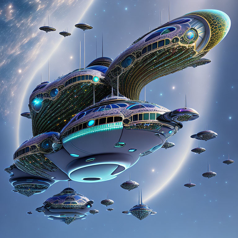 Ornate UFO-like spaceships in a futuristic fleet against a starry sky