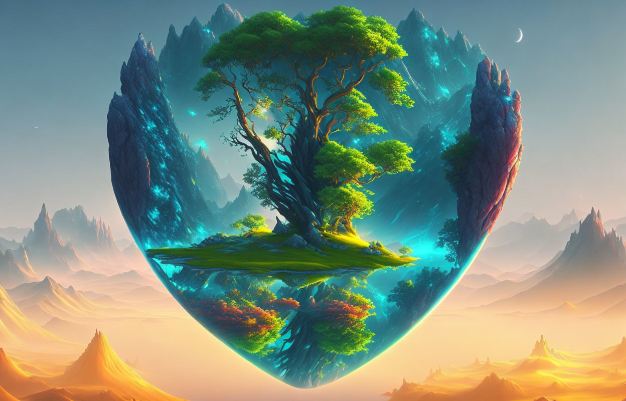 Surreal Heart-Shaped Island with Lush Tree and Mountains