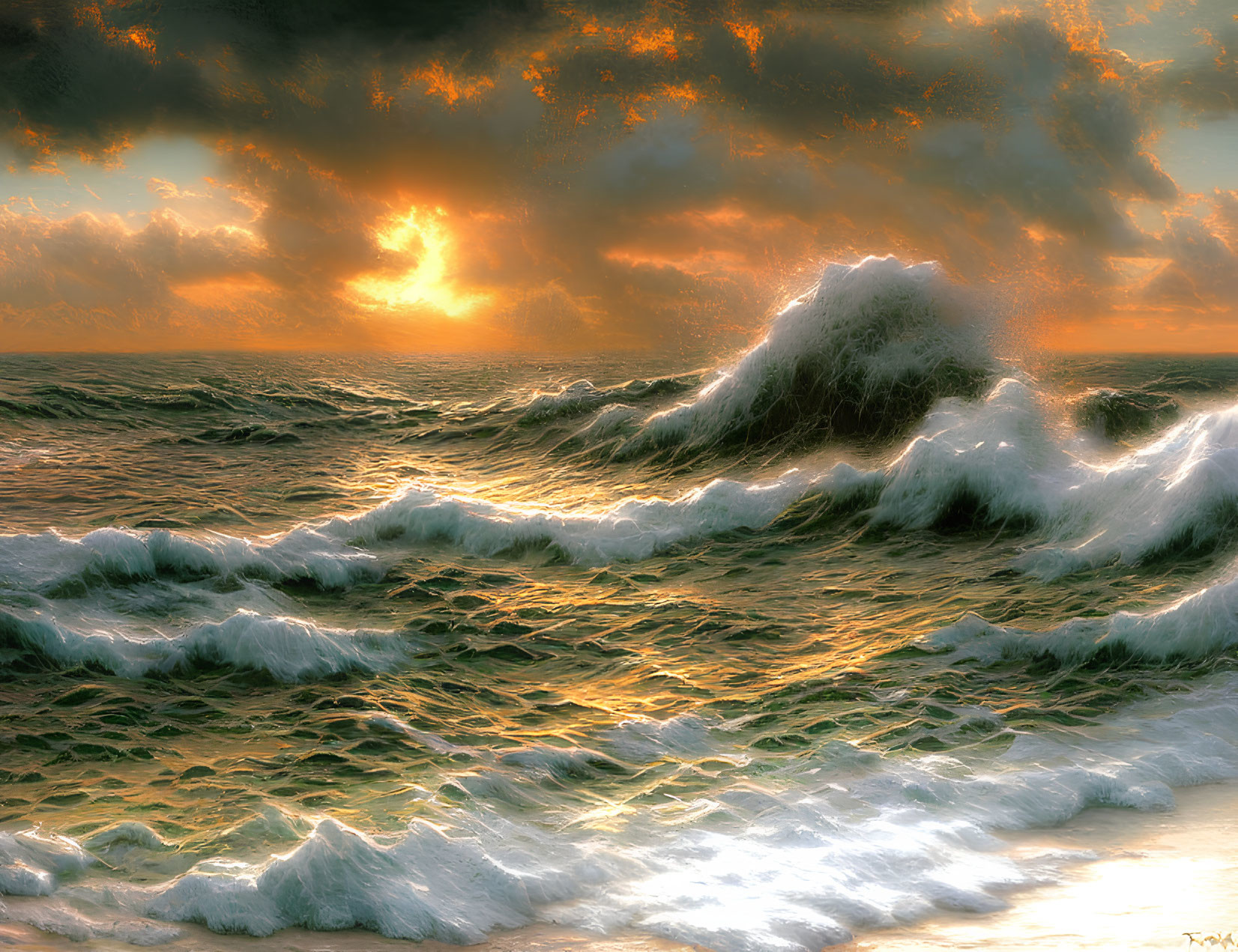 Golden sunrise over ocean waves with cresting wave spray