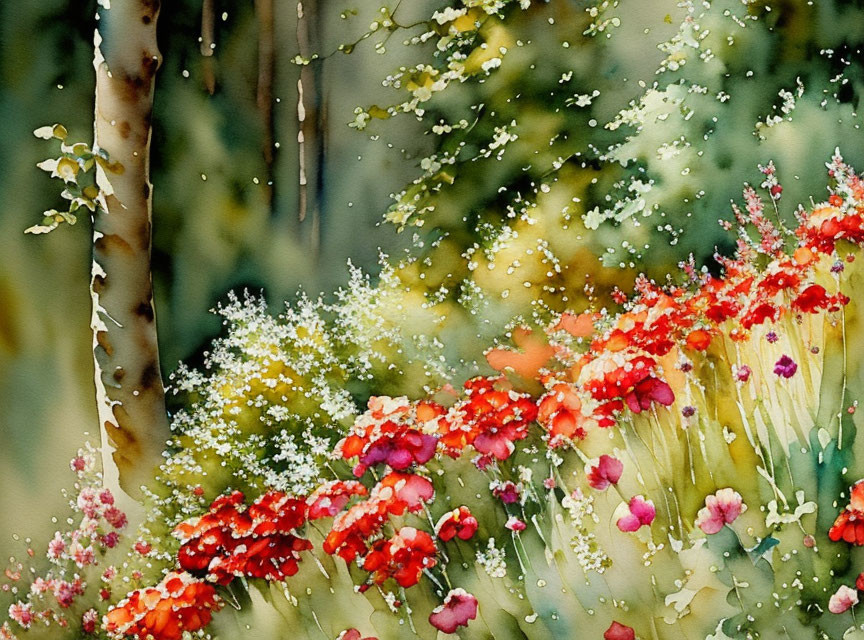 Vibrant red and white flowers in watercolor painting with green foliage and serene garden background.