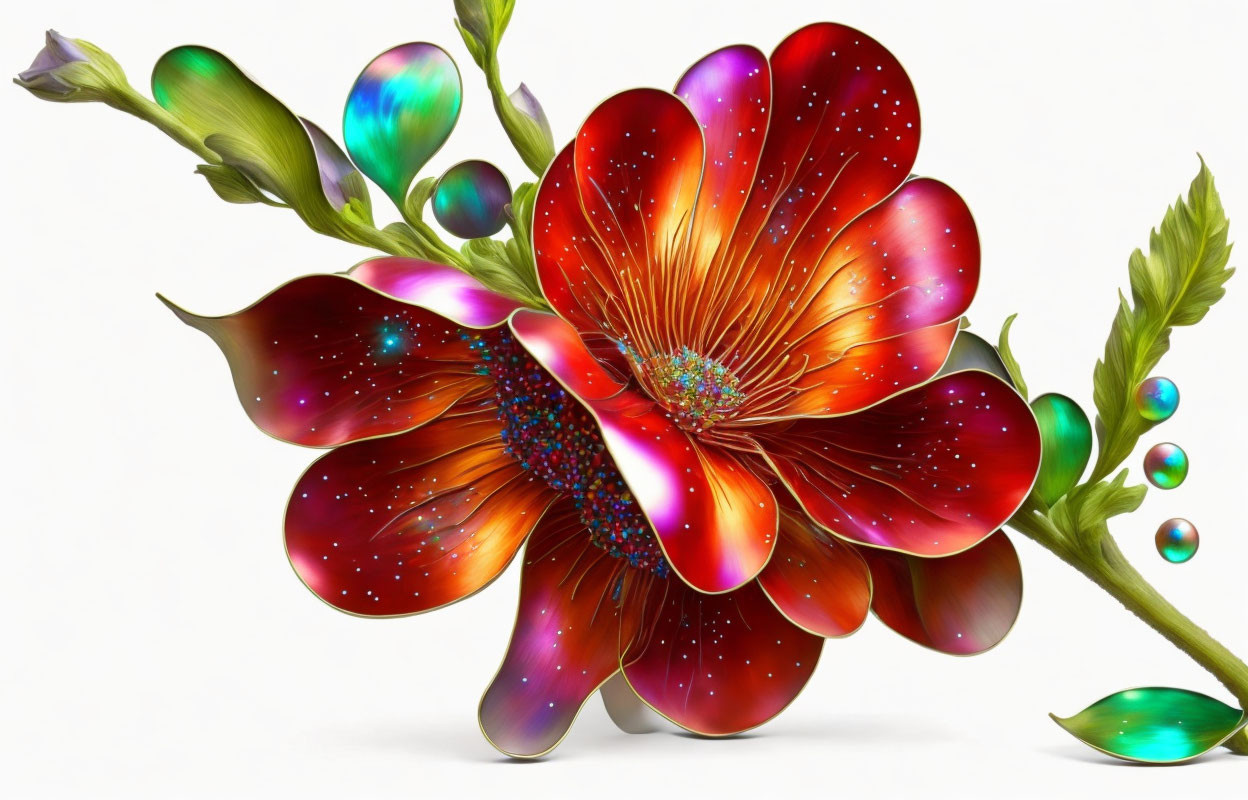 Colorful digital flower art with iridescent petals and cosmic patterns