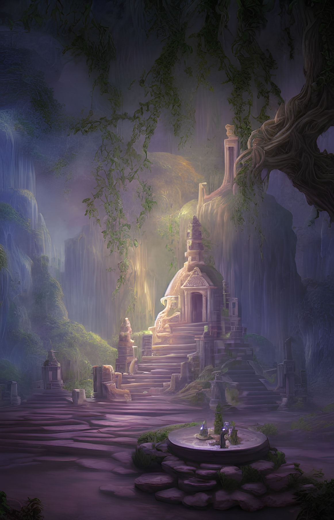 Ancient temple on stone steps in lush, mystical setting