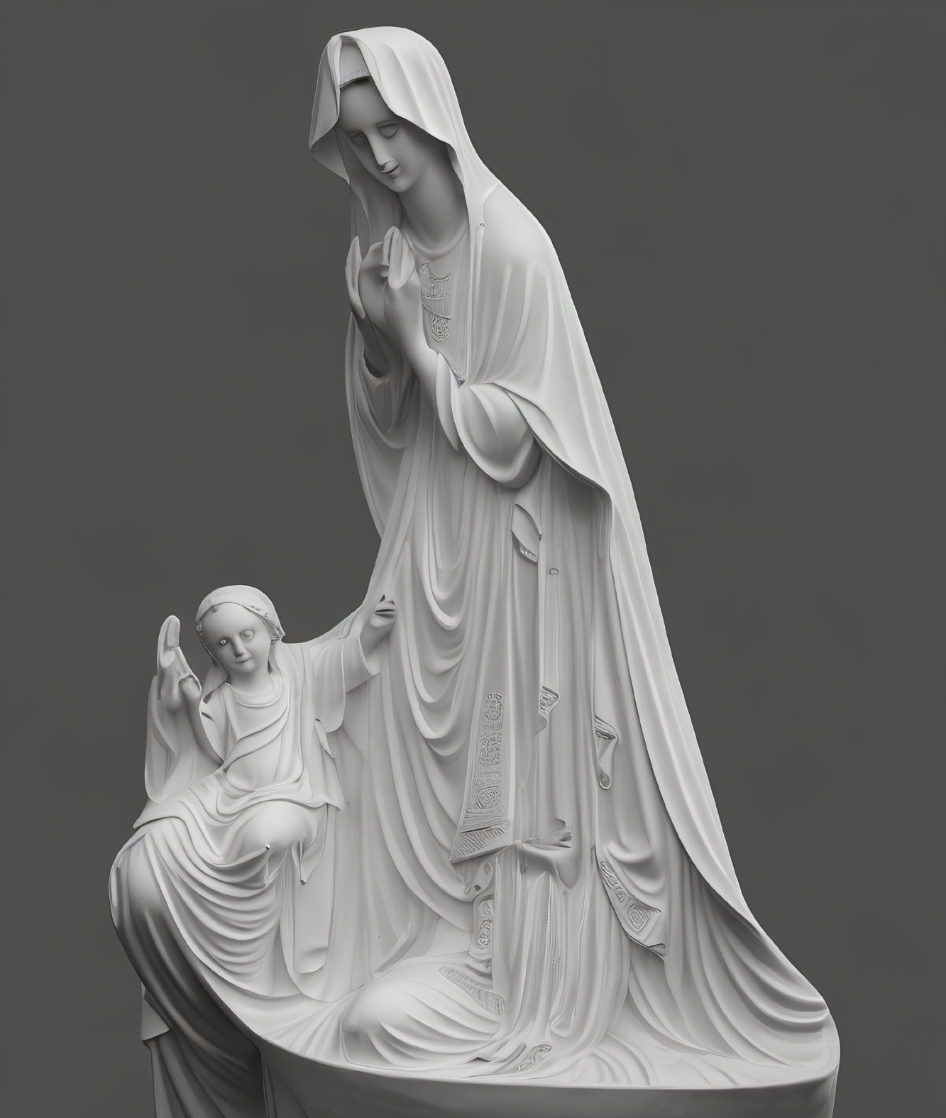 Monochrome sculpture of robed woman with child in tender moment