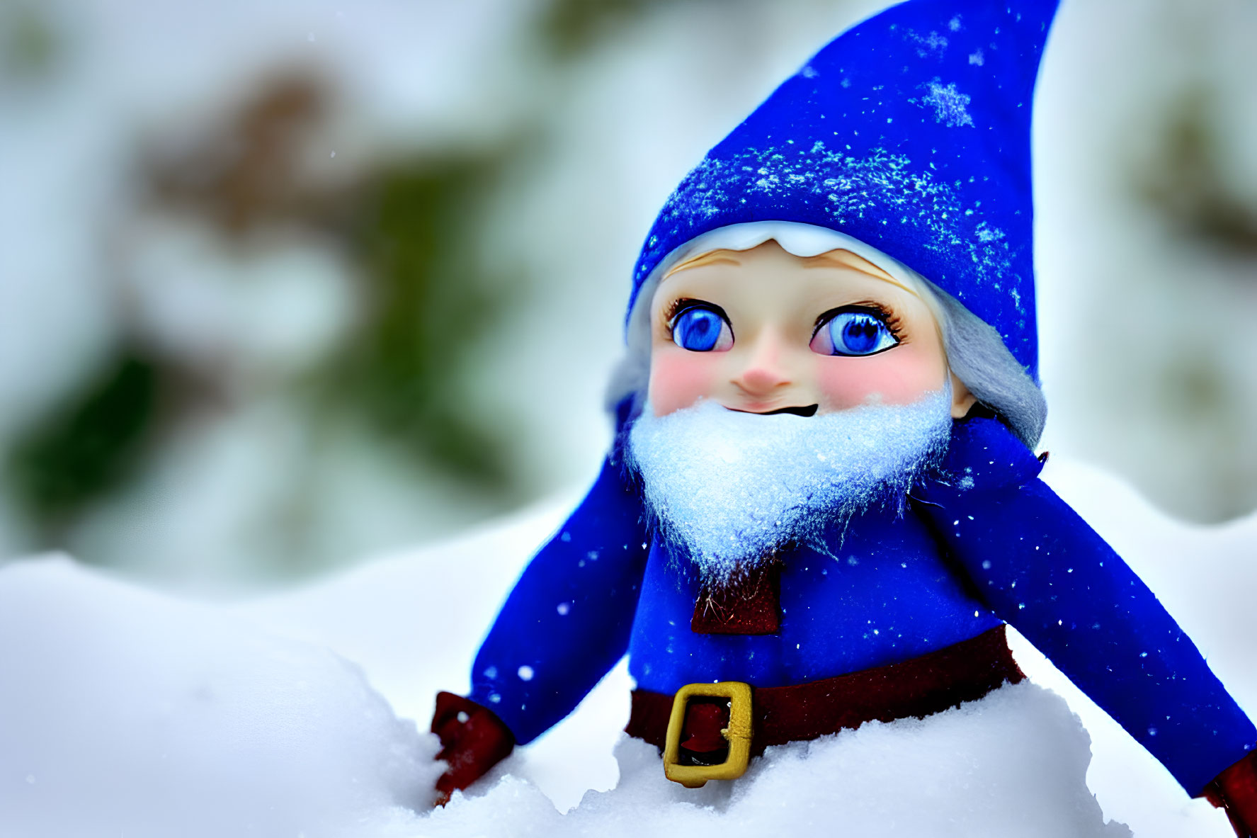 Colorful Gnome Figurine with Blue Hat and Beard in Snowy Setting