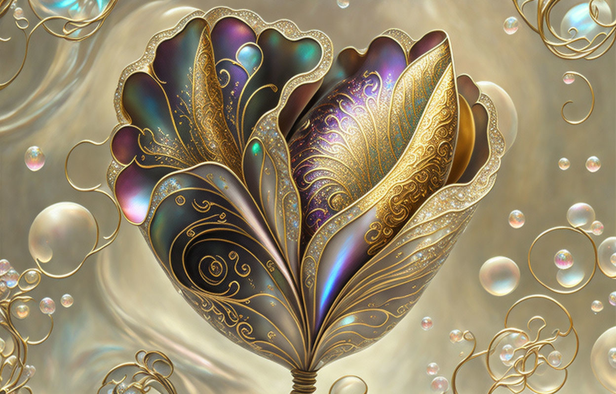 Intricate flower with shimmering gold and iridescent petals