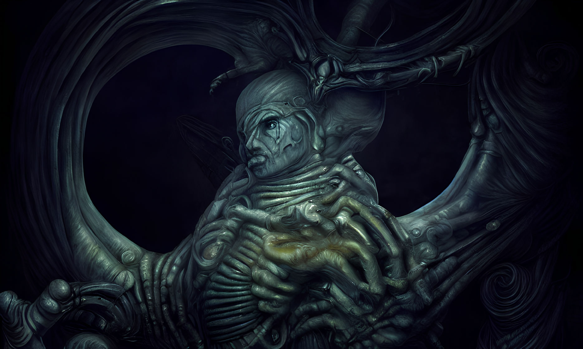 Elaborate surreal humanoid figure in dark swirling armor