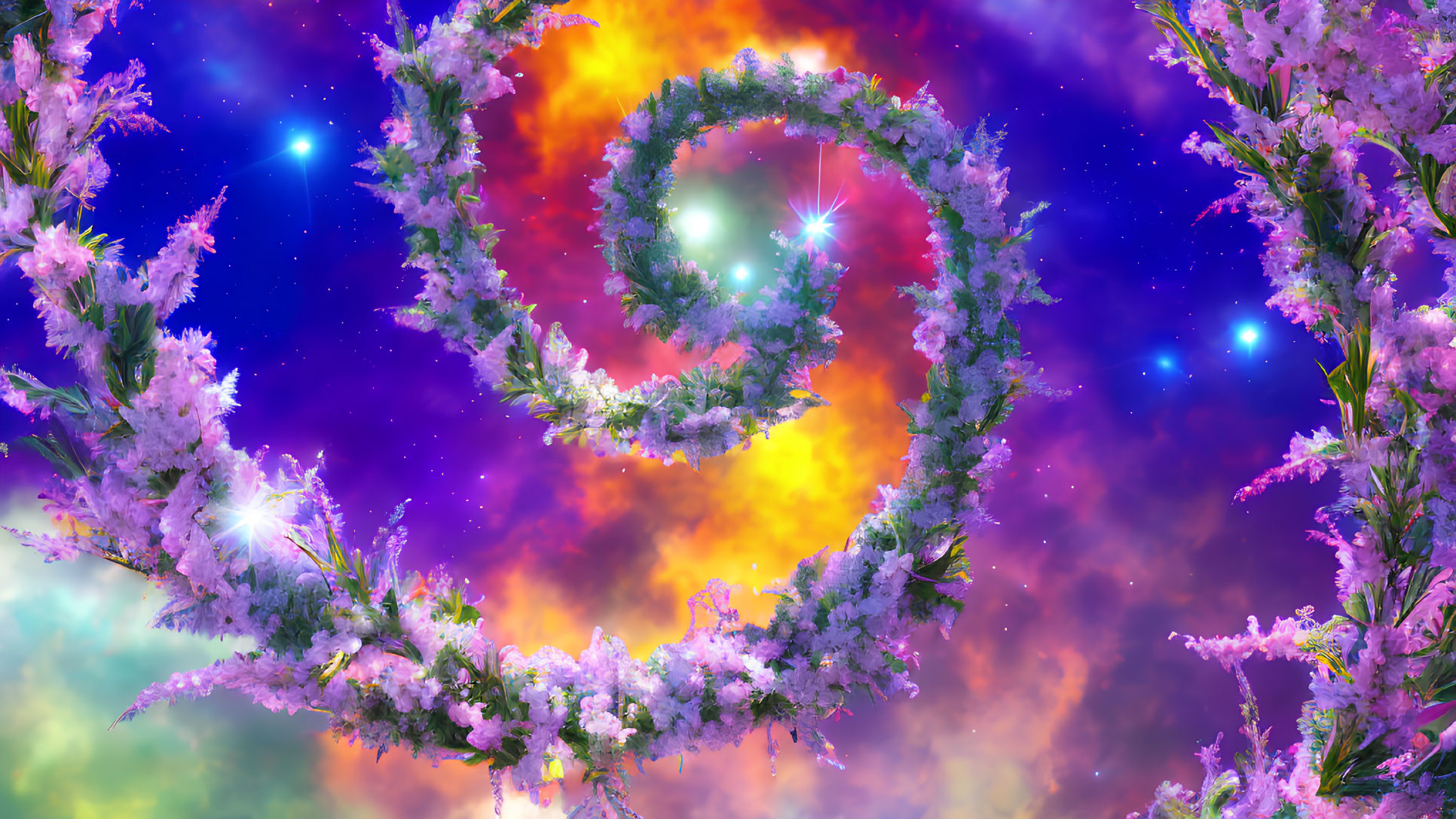 Cosmic background with swirling galaxies and cherry blossoms