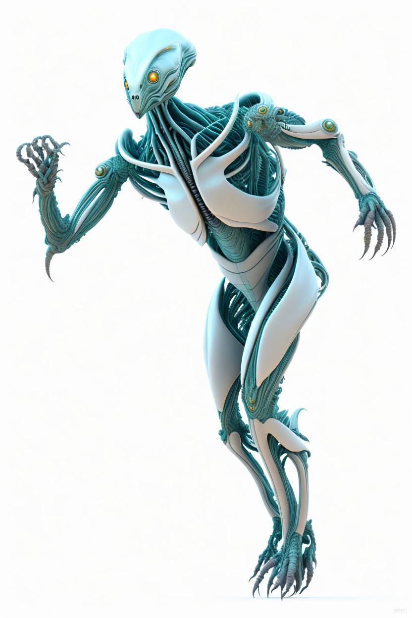 Futuristic humanoid robot with metallic skeletal design