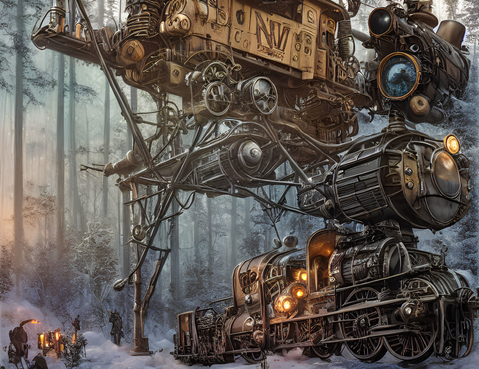 Steampunk snow forest with spider train locomotive & eerie lighting